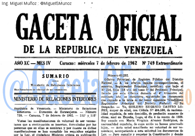 Gaceta Oficial 749 del 7 Febrero 1962