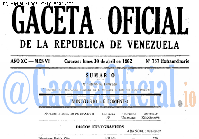Gaceta Oficial 767 del 30 Abril 1962
