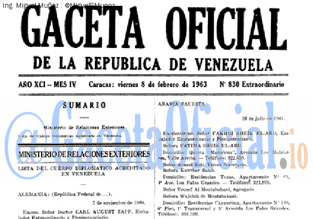 Gaceta Oficial 830 del 8 Febrero 1963