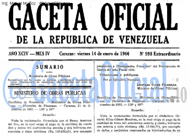 Gaceta Oficial 998 del 14 Enero 1966