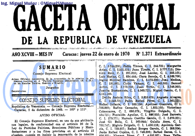 Gaceta Oficial 1371 del 22 Enero 1970