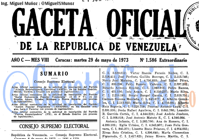 Gaceta Oficial 1586 del 29 Mayo 1973