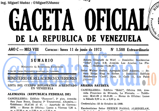 Gaceta Oficial 1588 del 11 Junio 1973