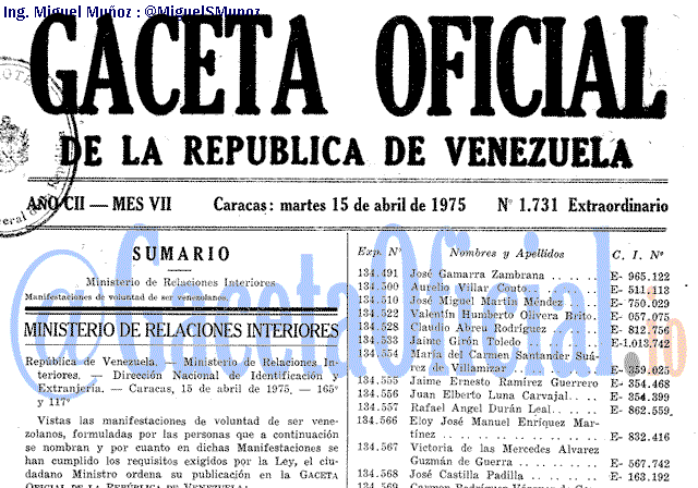 Gaceta Oficial 1731 del 15 Abril 1975
