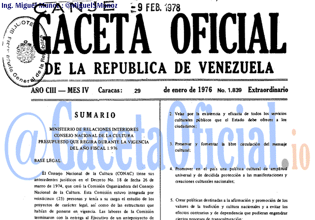 Gaceta Oficial 1839 del 29 Enero 1976