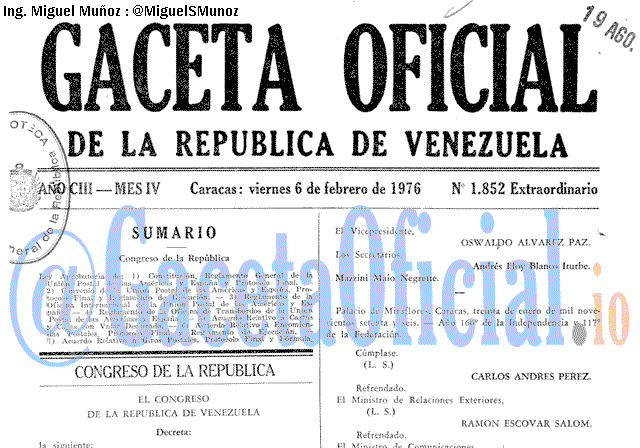 Gaceta Oficial 1852 del 6 Febrero 1976