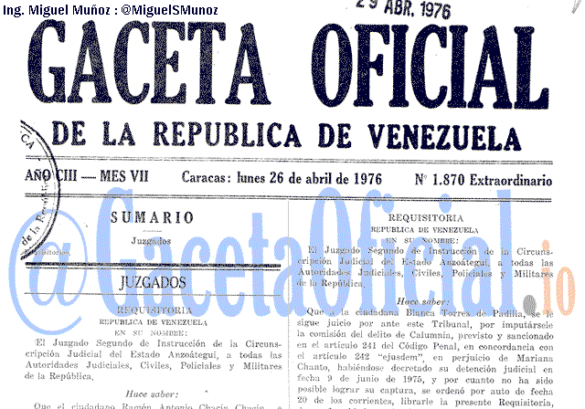 Gaceta Oficial 1870 del 26 Abril 1976