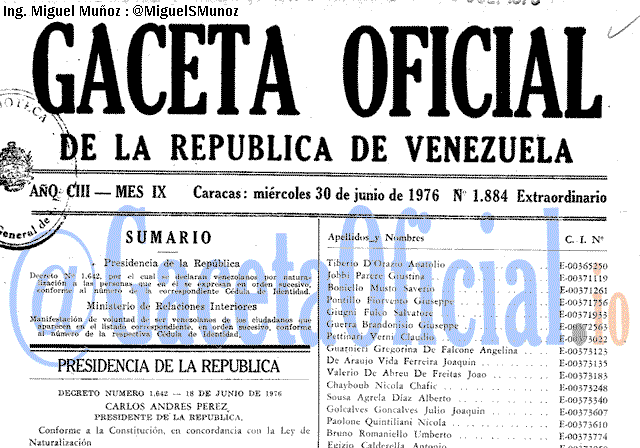 Gaceta Oficial 1884 del 30 Junio 1976