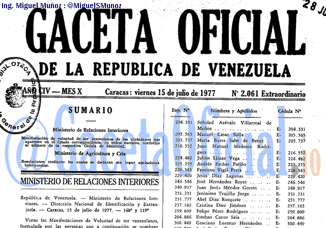 Gaceta Oficial 2061 del 15 Julio 1977