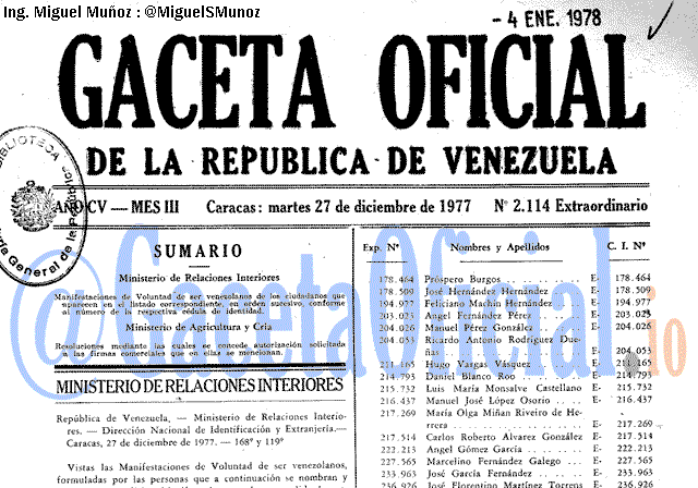 Gaceta Oficial 2114 del 27 Diciembre 1977