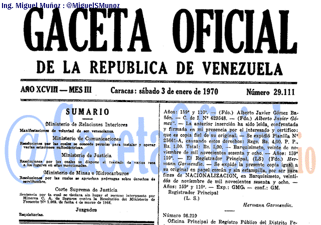 Gaceta Oficial 29111 del 3 Enero 1970