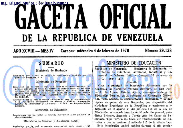 Gaceta Oficial 29138 del 4 Febrero 1970