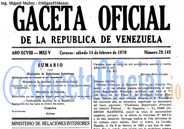 Gaceta Oficial 29145 del 14 Febrero 1970