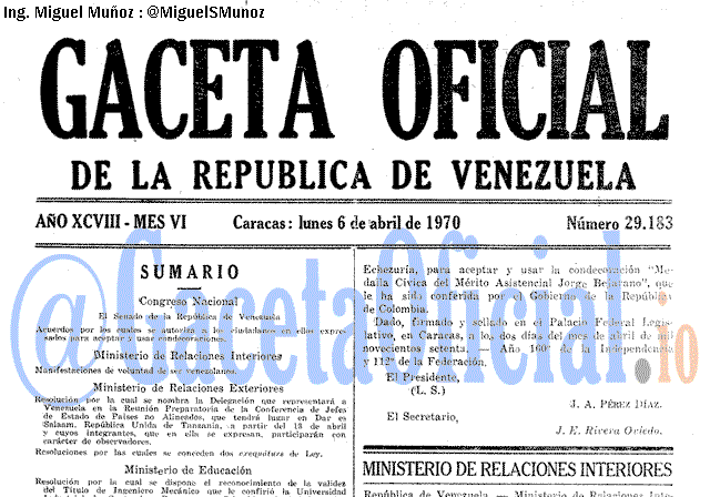 Gaceta Oficial 29183 del 6 Abril 1970