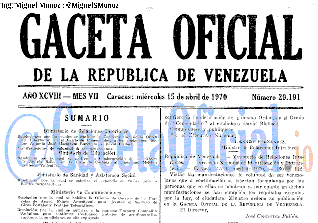 Gaceta Oficial 29191 del 15 Abril 1970