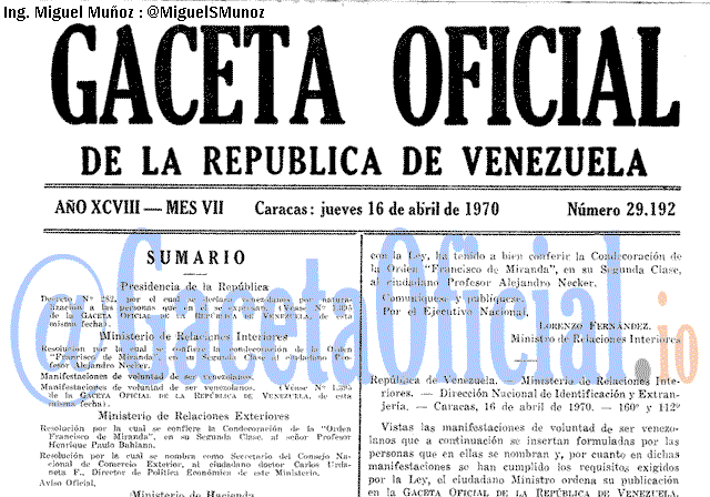 Gaceta Oficial 29192 del 16 Abril 1970
