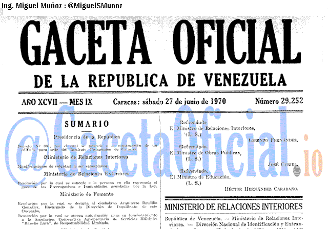 Gaceta Oficial 29252 del 27 Junio 1970