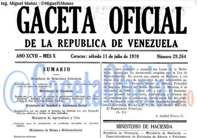 Gaceta Oficial 29264 del 11 Julio 1970