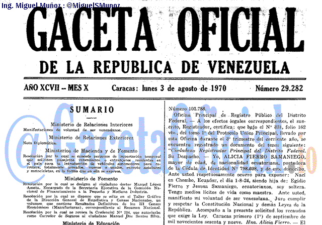 Gaceta Oficial 29282 del 3 Agosto 1970