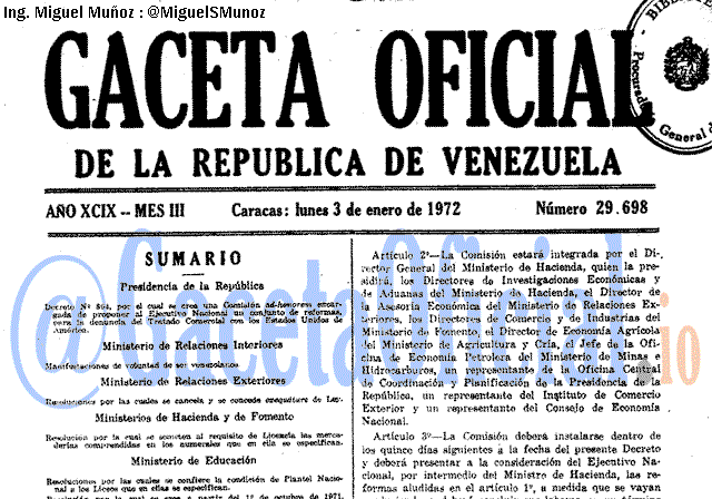 Gaceta Oficial 29698 del 3 Enero 1972