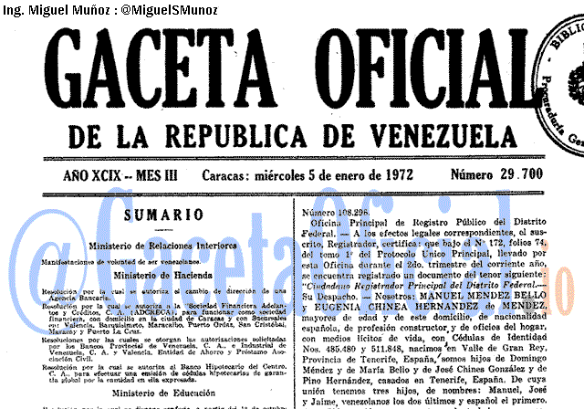 Gaceta Oficial 29700 del 5 Enero 1972