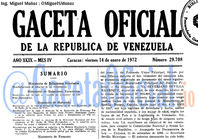 Gaceta Oficial 29708 del 14 Enero 1972