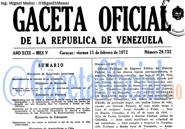 Gaceta Oficial 29732 del 11 Febrero 1972