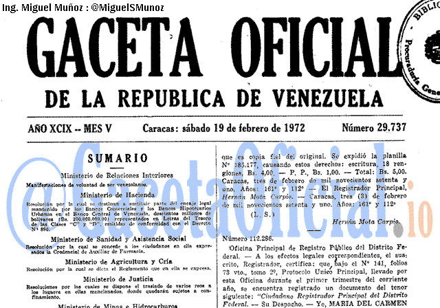 Gaceta Oficial 29737 del 19 Febrero 1972