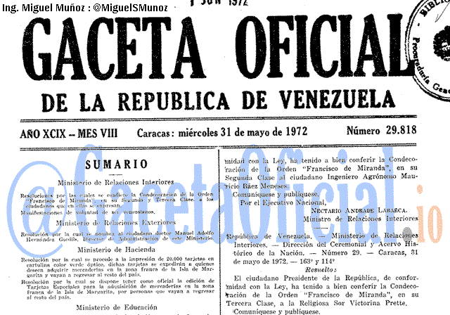 Gaceta Oficial 29818 del 31 Mayo 1972