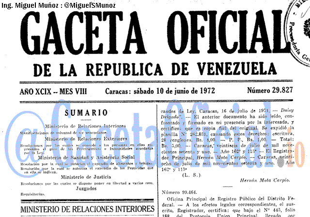 Gaceta Oficial 29827 del 10 Junio 1972
