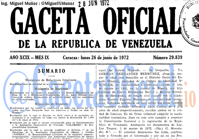 Gaceta Oficial 29839 del 26 Junio 1972