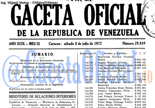 Gaceta Oficial 29849 del 8 Julio 1972