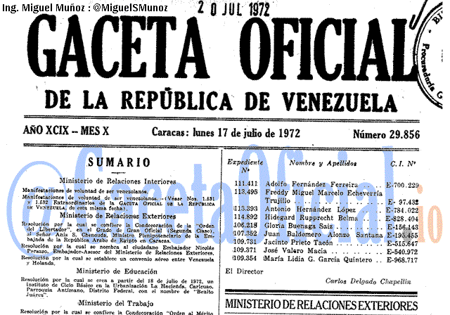 Gaceta Oficial 29856 del 17 Julio 1972
