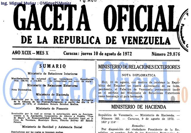 Gaceta Oficial 29876 del 10 Agosto 1972