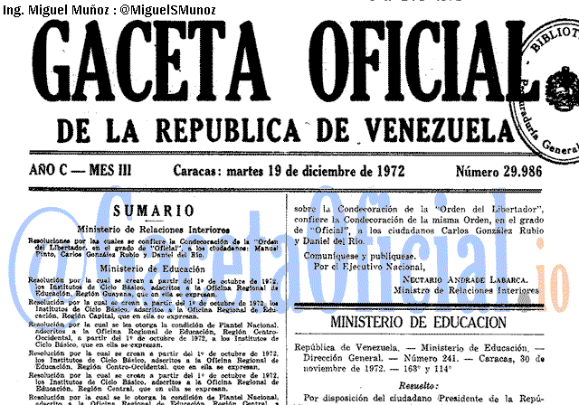 Gaceta Oficial 29986 del 19 Diciembre 1972