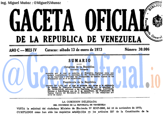 Gaceta Oficial 30006 del 13 Enero 1973