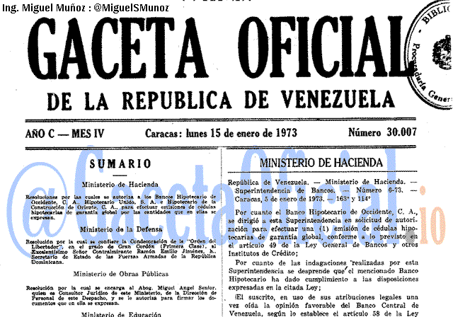 Gaceta Oficial 30007 del 15 Enero 1973