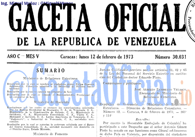 Gaceta Oficial 30031 del 12 Febrero 1973