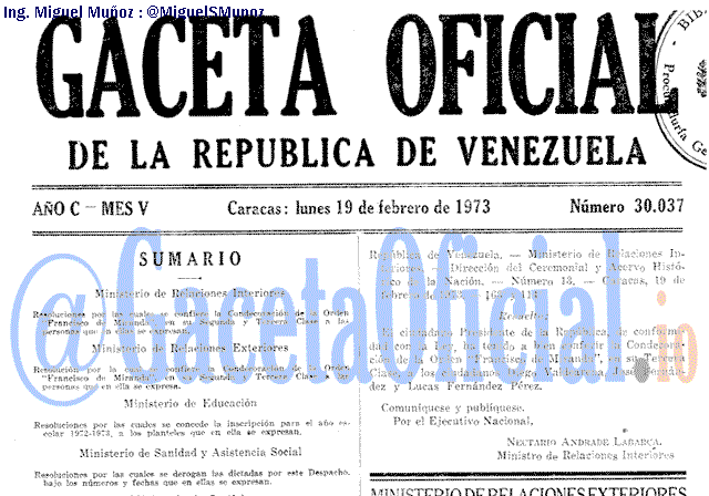 Gaceta Oficial 30037 del 19 Febrero 1973