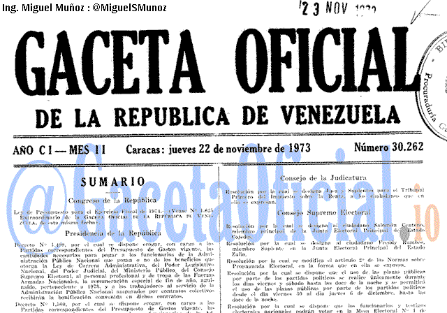 Gaceta Oficial 30262 del 22 Noviembre 1973