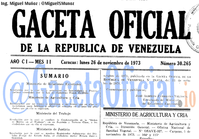 Gaceta Oficial 30265 del 26 Noviembre 1973
