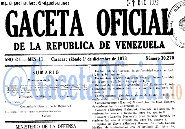 Gaceta Oficial 30270 del 1 Diciembre 1973