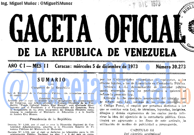 Gaceta Oficial 30273 del 5 Diciembre 1973