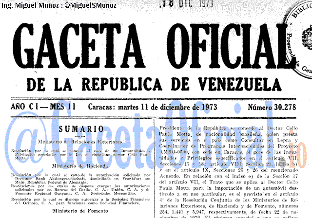 Gaceta Oficial 30278 del 11 Diciembre 1973