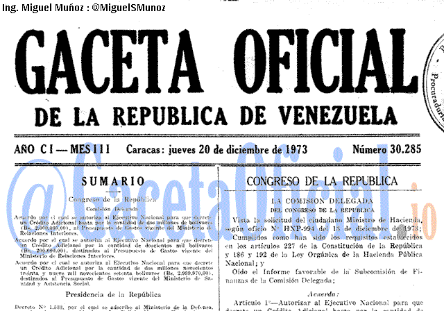 Gaceta Oficial 30285 del 20 Diciembre 1973