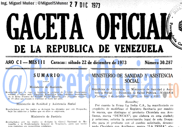 Gaceta Oficial 30287 del 22 Diciembre 1973