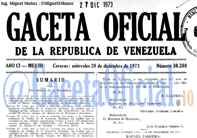 Gaceta Oficial 30288 del 26 Diciembre 1973