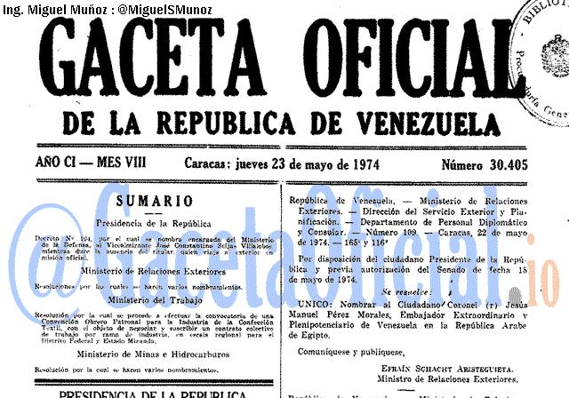 Gaceta Oficial 30405 del 23 Mayo 1974