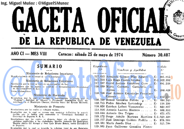 Gaceta Oficial 30407 del 25 Mayo 1974