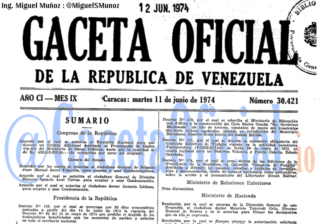 Gaceta Oficial 30421 del 11 Junio 1974